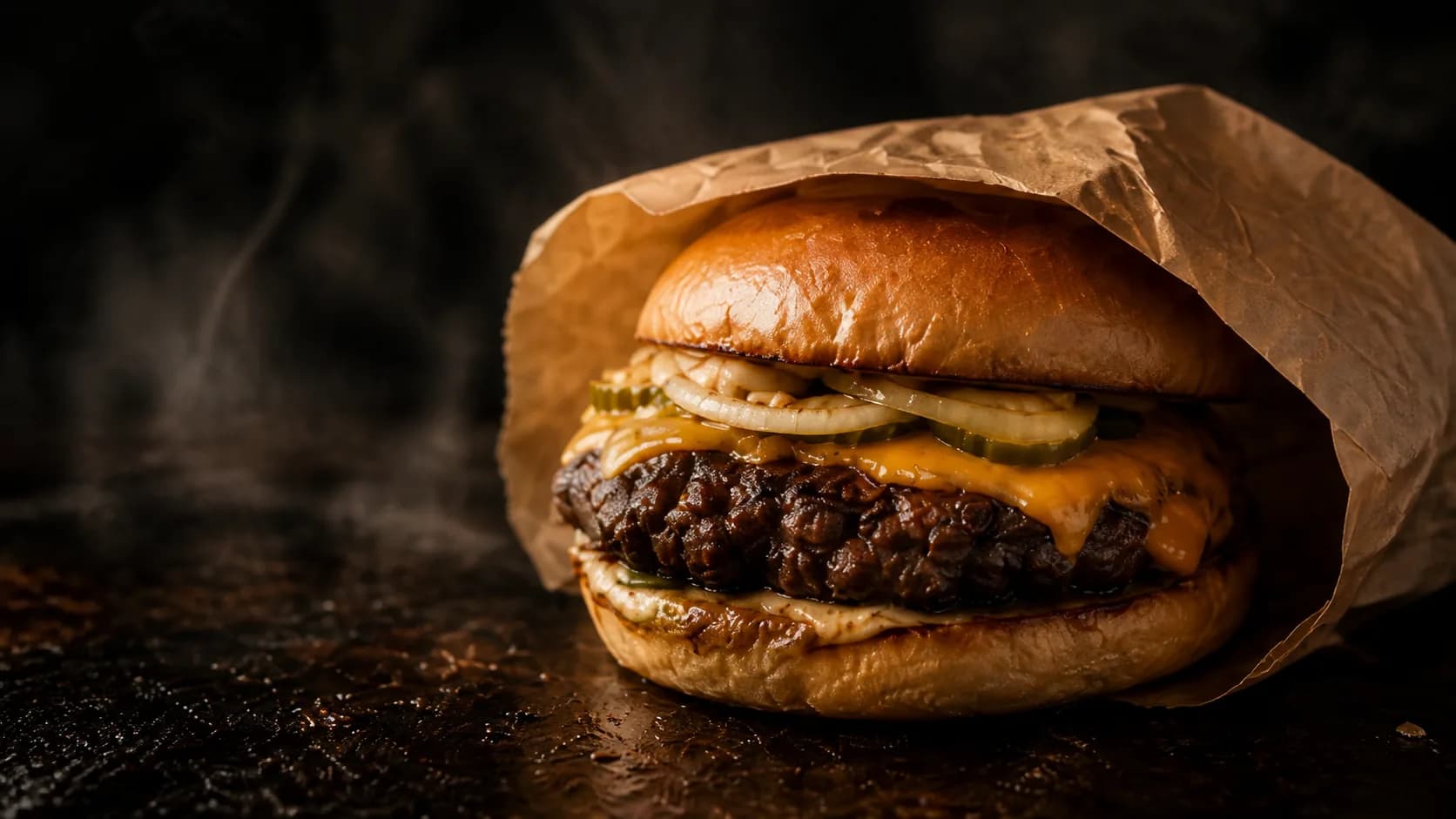 Naudanlihaburgeri cheddarilla ja suolakurkulla.