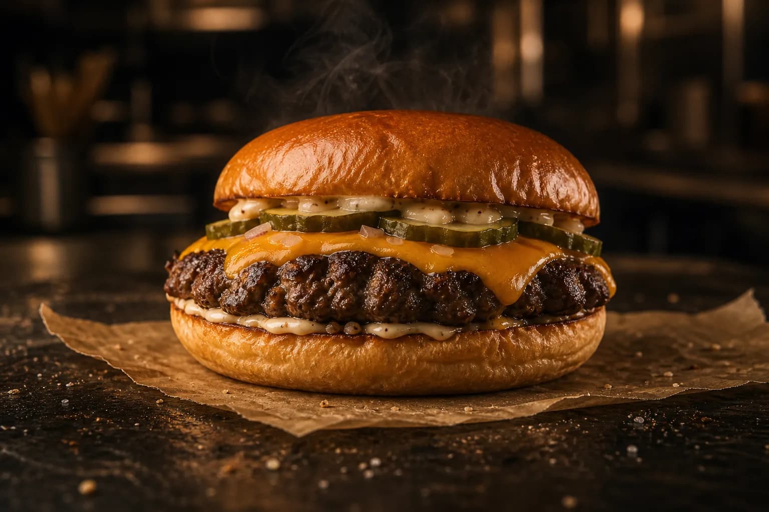 Naudanlihaburgeri cheddarilla ja suolakurkulla.