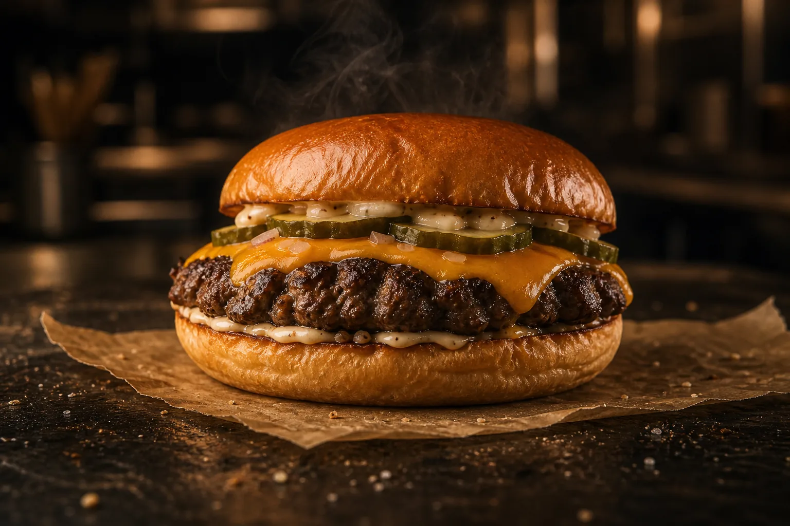 Naudanlihaburgeri cheddarilla ja suolakurkulla.
